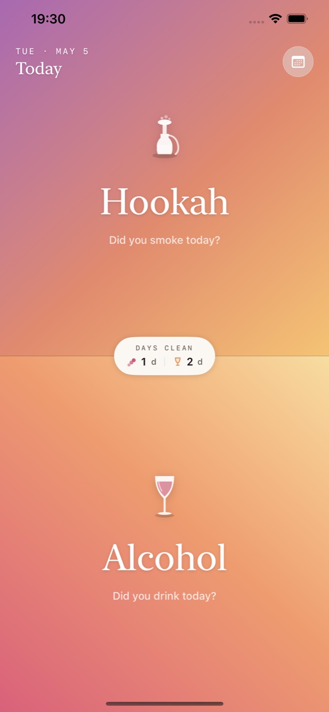 Hookalco home screen — Hookah and Alcohol panels with days-clean counter