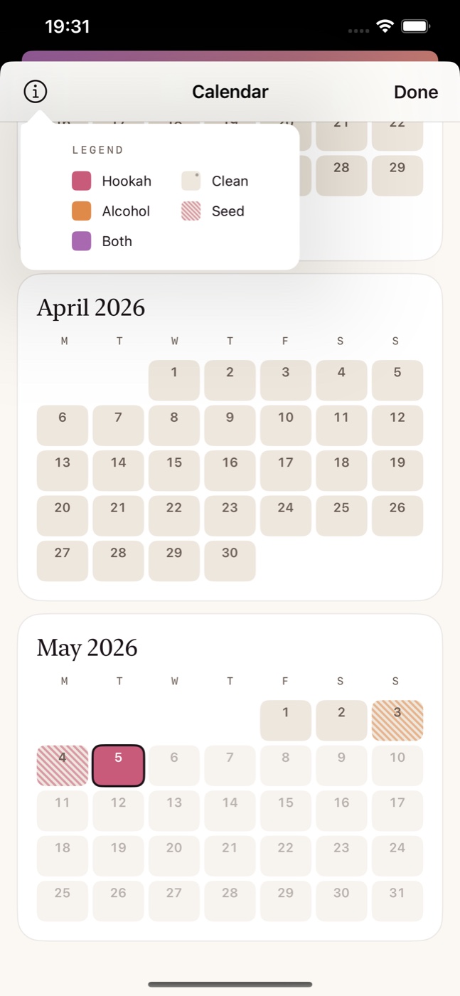 Calendar with rose, amber, and paper-coloured day cells